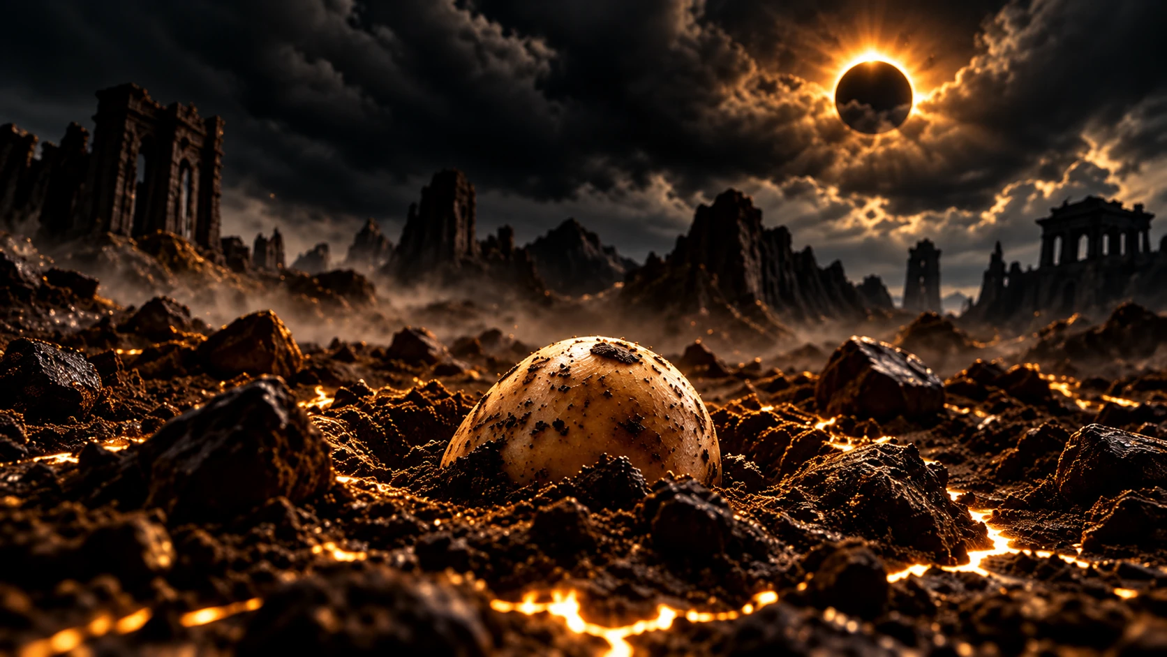 A potato half buried in a dark volcanic wasteland beneath an eclipse