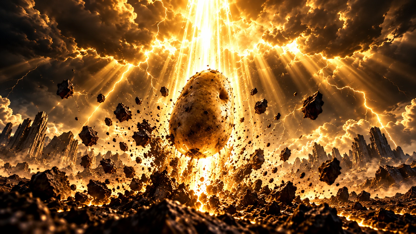 A potato erupting from the earth under a massive beam of golden light
