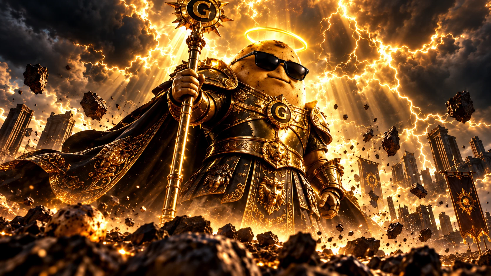 GOD TATO in legendary golden armor, black sunglasses and a glowing halo