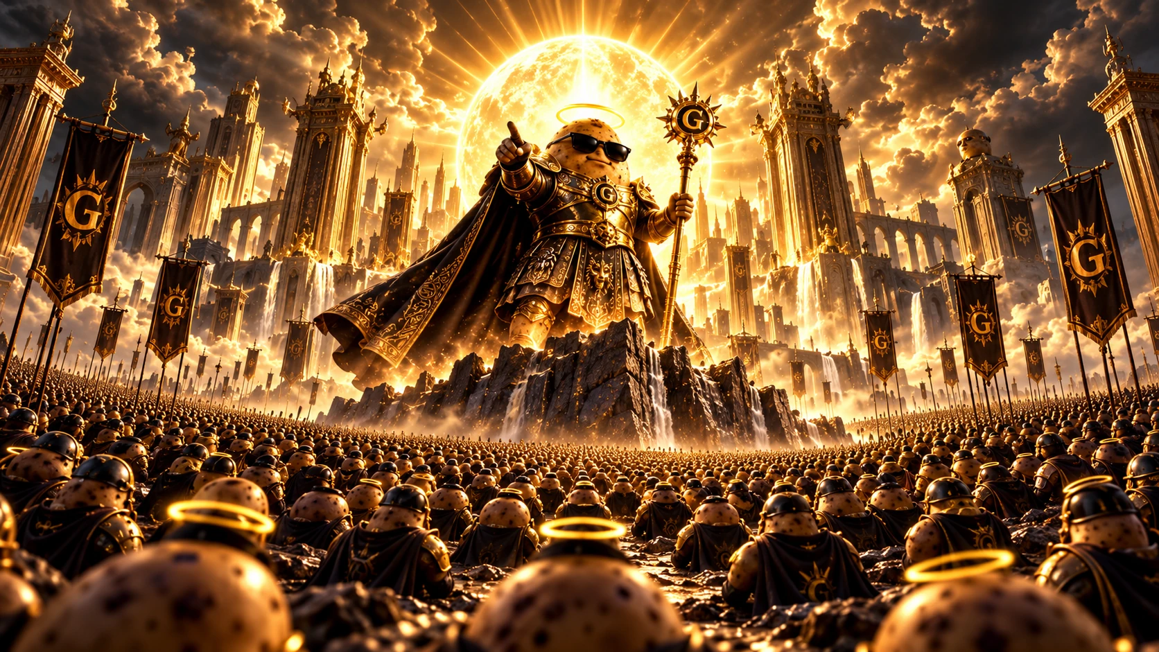 GOD TATO standing above a vast congregation of potatoes in a golden city