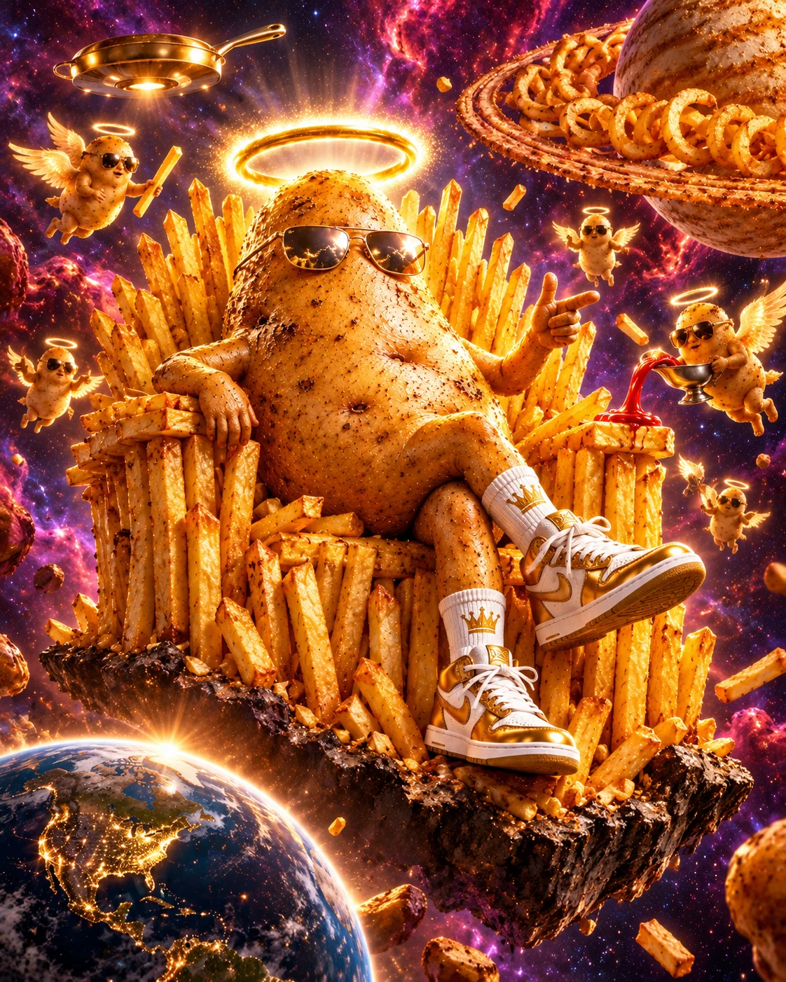GOD TATO on a french-fry throne in space, surrounded by potato angels