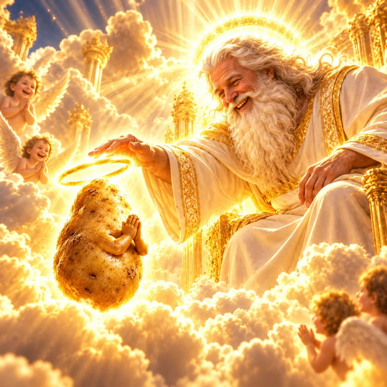 A divine figure blessing a golden potato with a halo