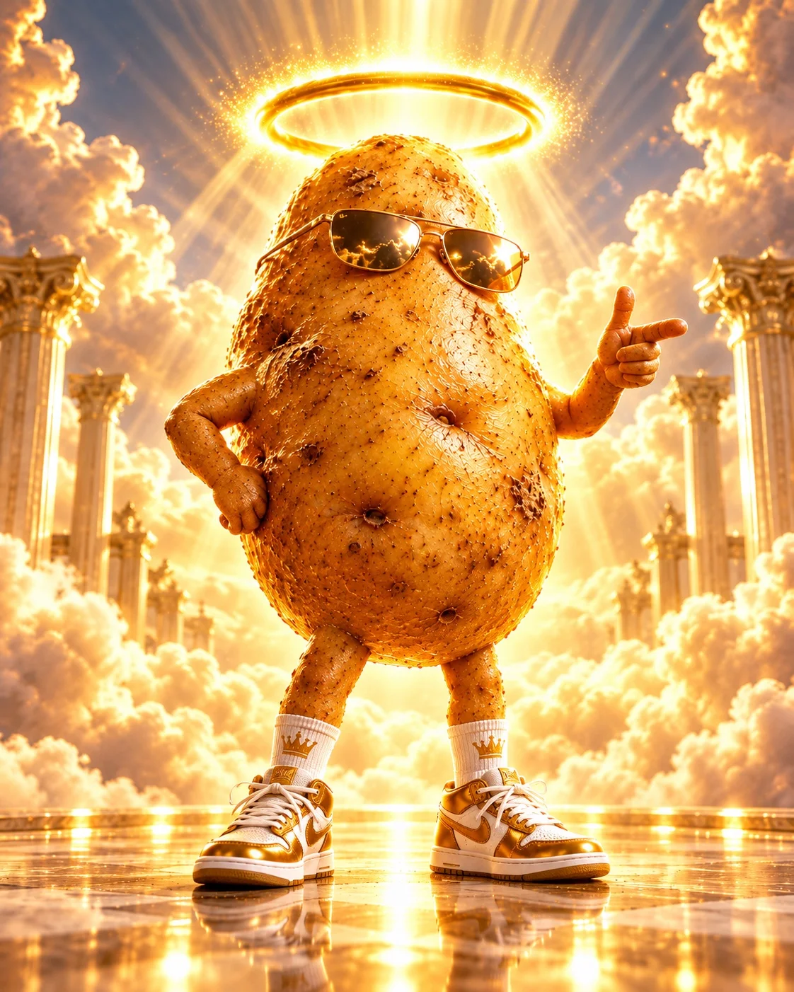 Godtato with his golden halo and sunglasses