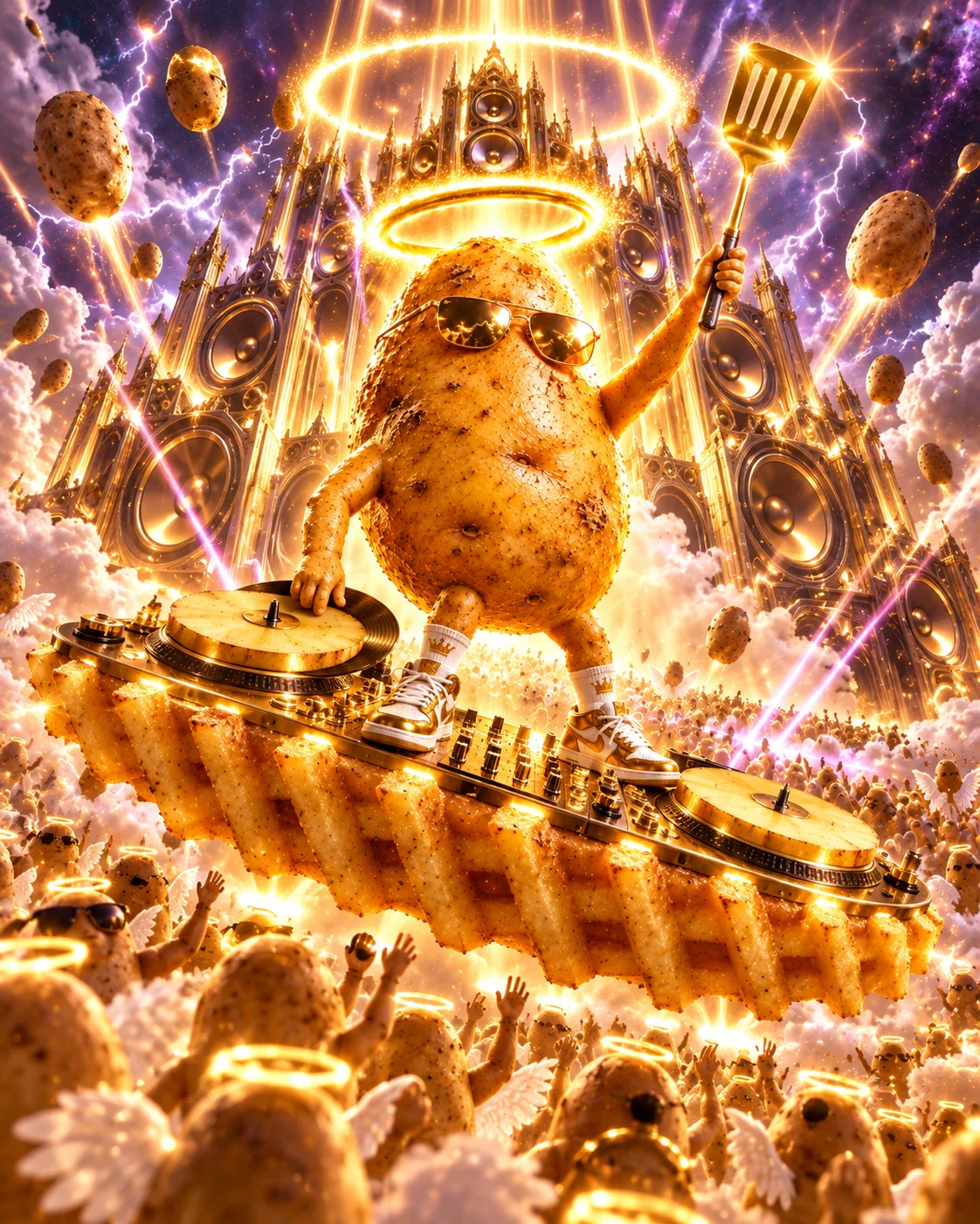 GOD TATO DJing above a crowd of potato angels in a cosmic cathedral