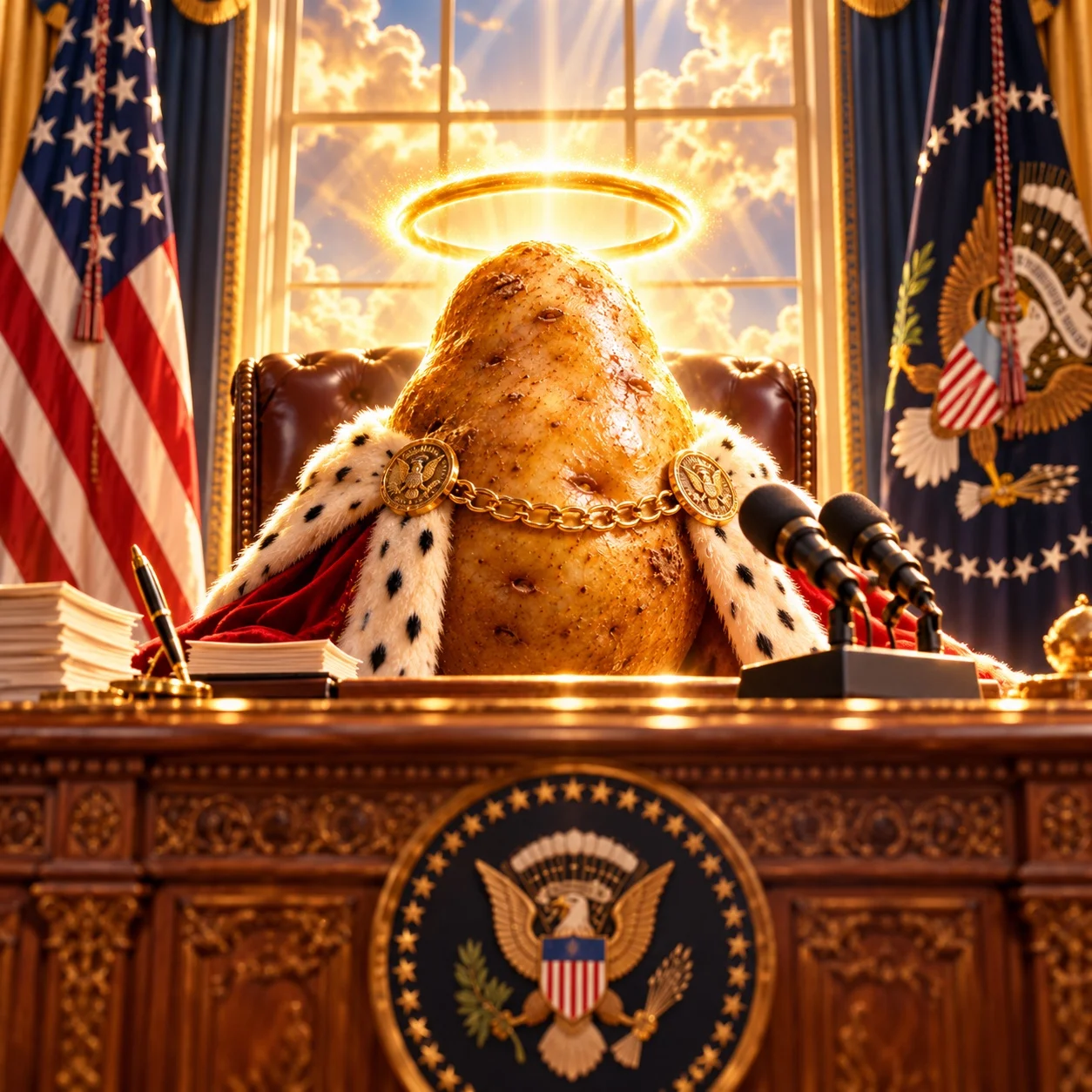 GOD TATO at a presidential desk