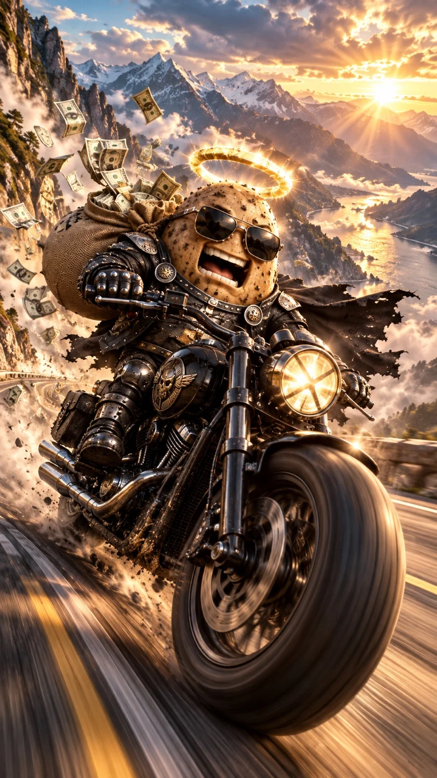 GOD TATO riding a motorcycle in the mountains