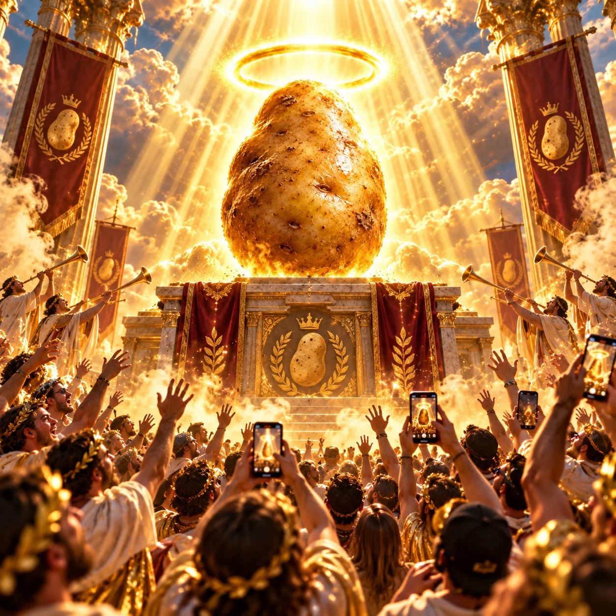 A crowd celebrating GOD TATO in a golden temple