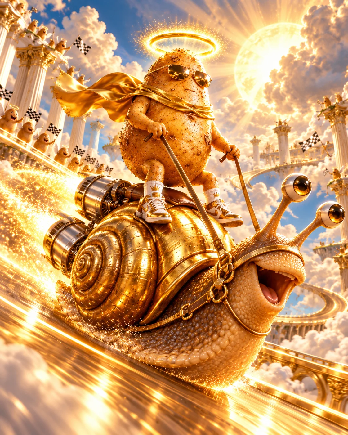 GOD TATO racing a giant golden rocket-powered snail through heaven